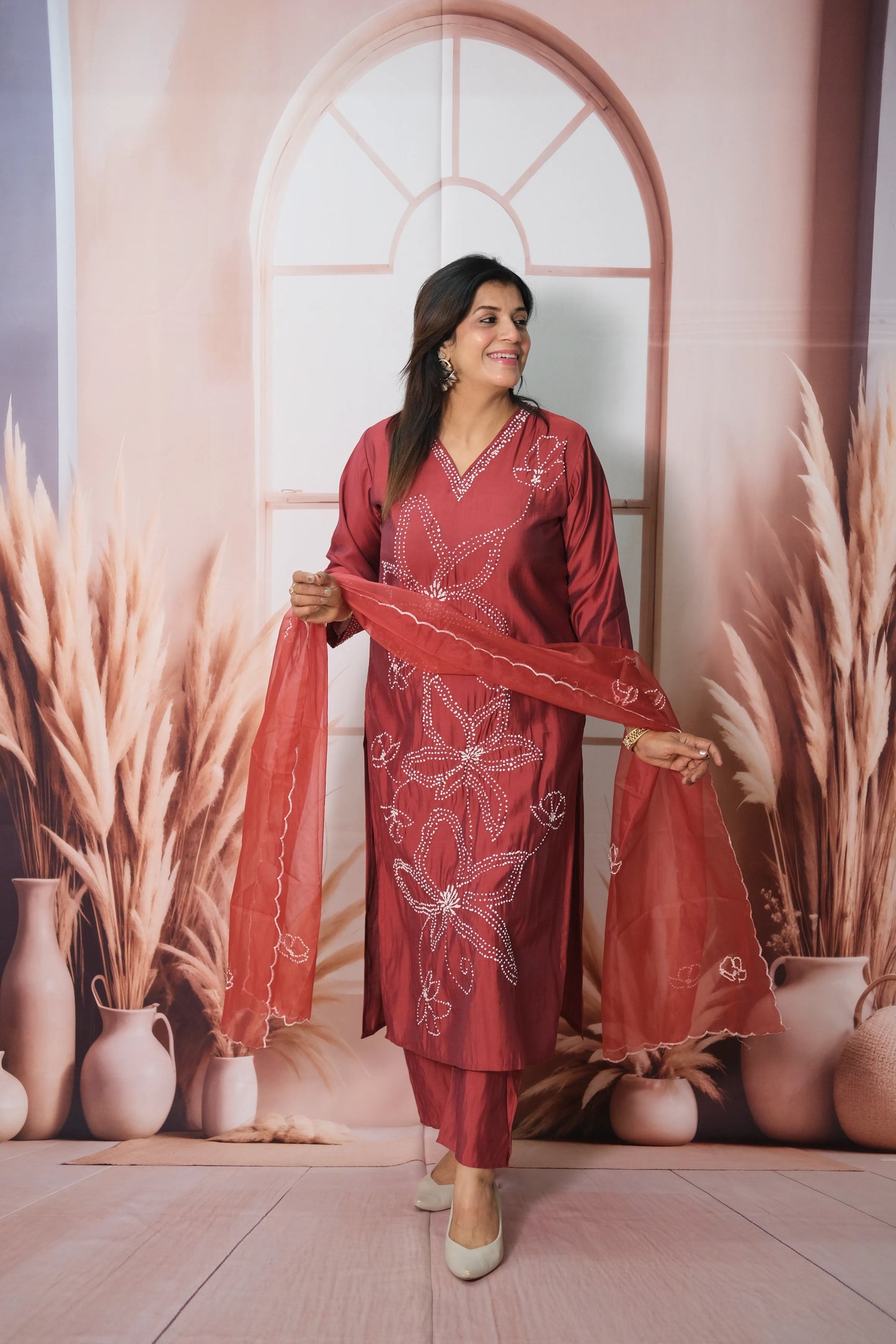 Dark Maroon Muslin Silk Kurta Dupatta Set with Thread Embroidery