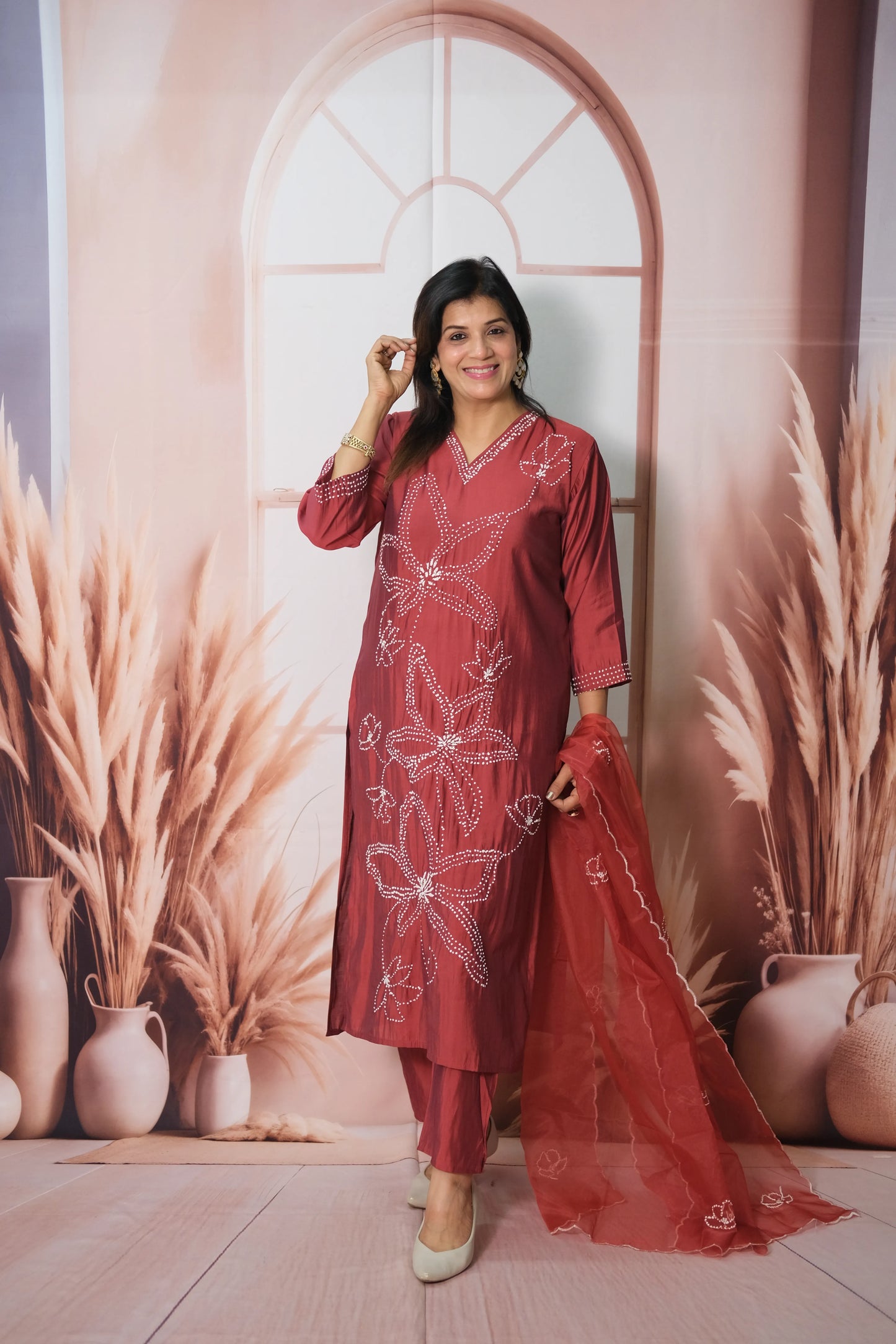 Dark Maroon Muslin Silk Kurta Dupatta Set with Thread Embroidery