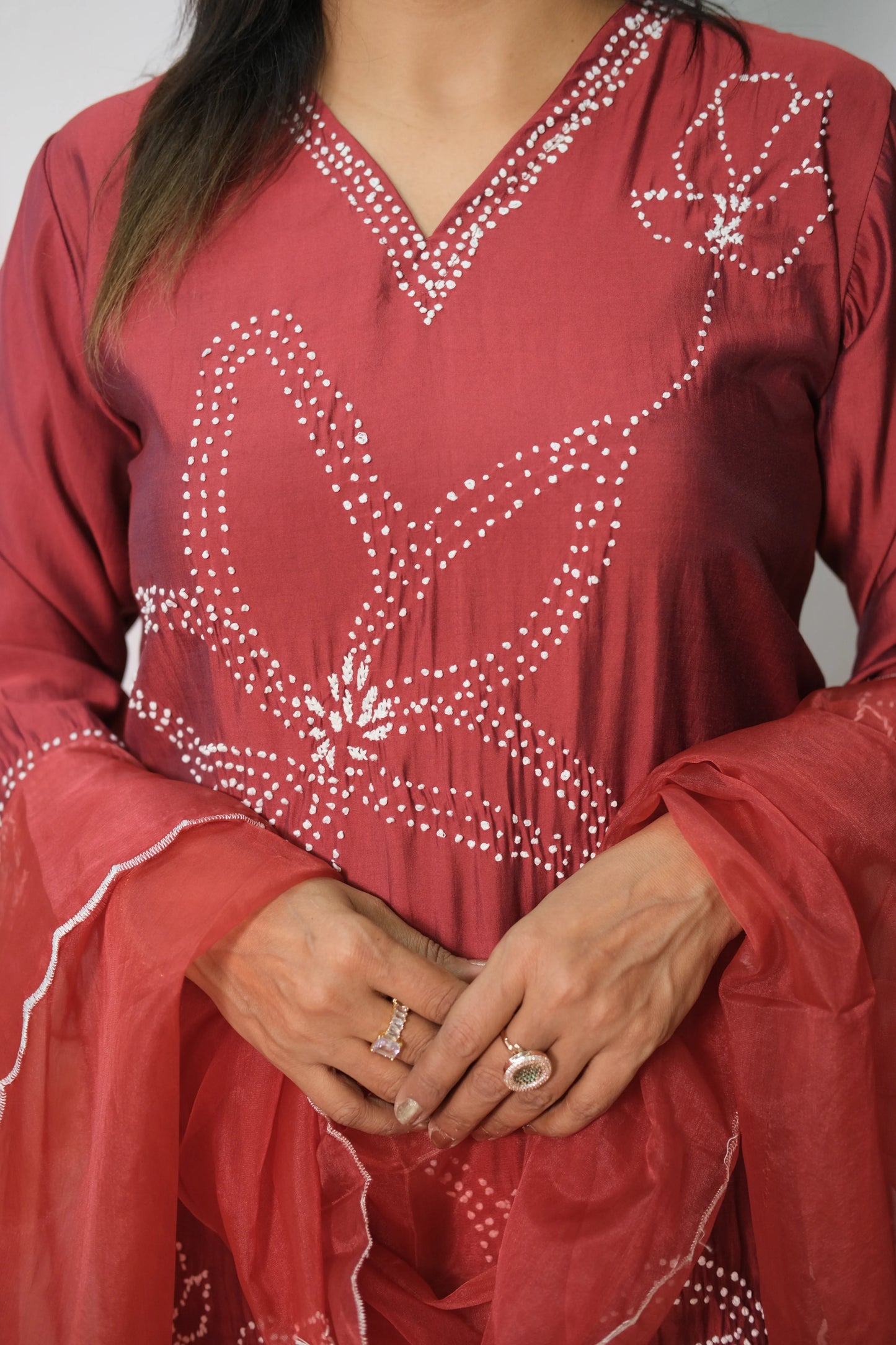 Dark Maroon Muslin Silk Kurta Dupatta Set with Thread Embroidery