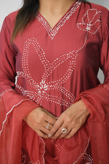 Dark Maroon Muslin Silk Kurta Dupatta Set with Thread Embroidery