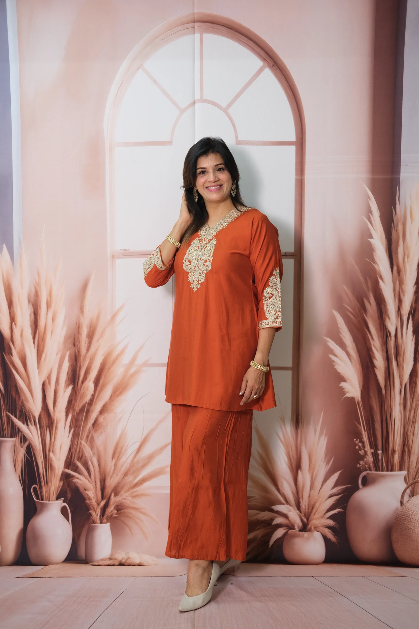 Burnt Orange Muslin Silk Co'ord Set with Sequin & Embroidery Work | Plazo Style Ethnic Wear