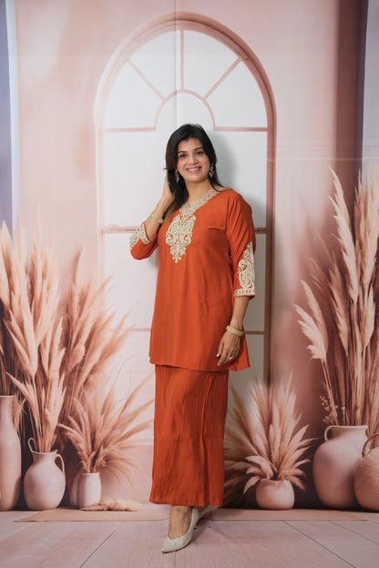 Burnt Orange Muslin Silk Co'ord Set with Sequin & Embroidery Work | Plazo Style Ethnic Wear
