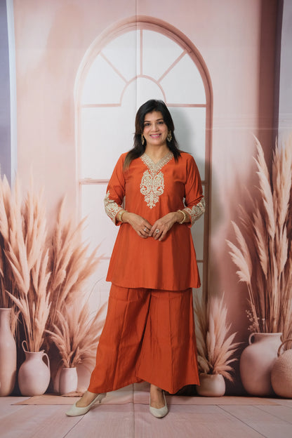 Burnt Orange Muslin Silk Co'ord Set with Sequin & Embroidery Work | Plazo Style Ethnic Wear
