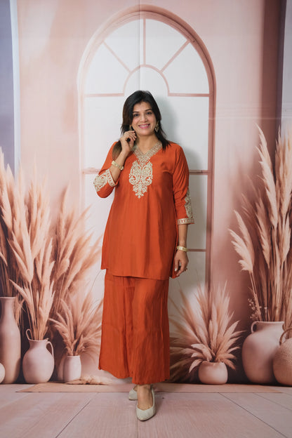 Burnt Orange Muslin Silk Co'ord Set with Sequin & Embroidery Work | Plazo Style Ethnic Wear