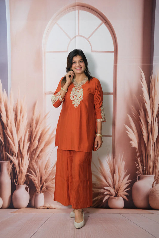 Burnt Orange Muslin Silk Co'ord Set with Sequin & Embroidery Work | Plazo Style Ethnic Wear