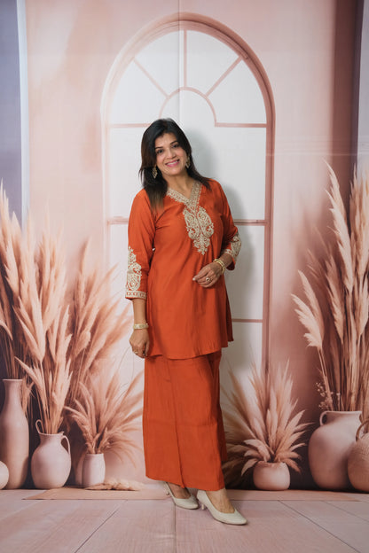 Burnt Orange Muslin Silk Co'ord Set with Sequin & Embroidery Work | Plazo Style Ethnic Wear