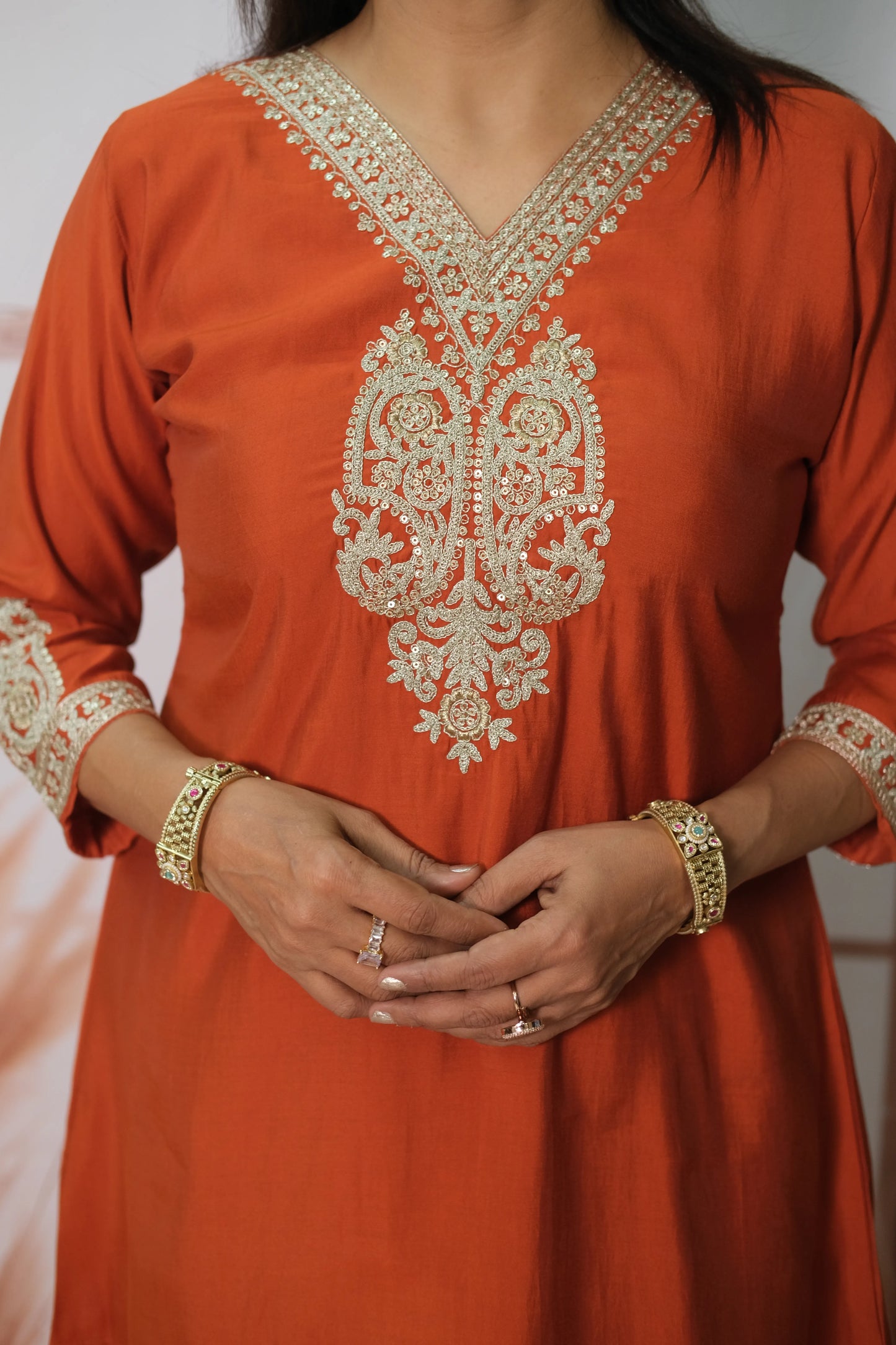 Burnt Orange Muslin Silk Co'ord Set with Sequin & Embroidery Work | Plazo Style Ethnic Wear