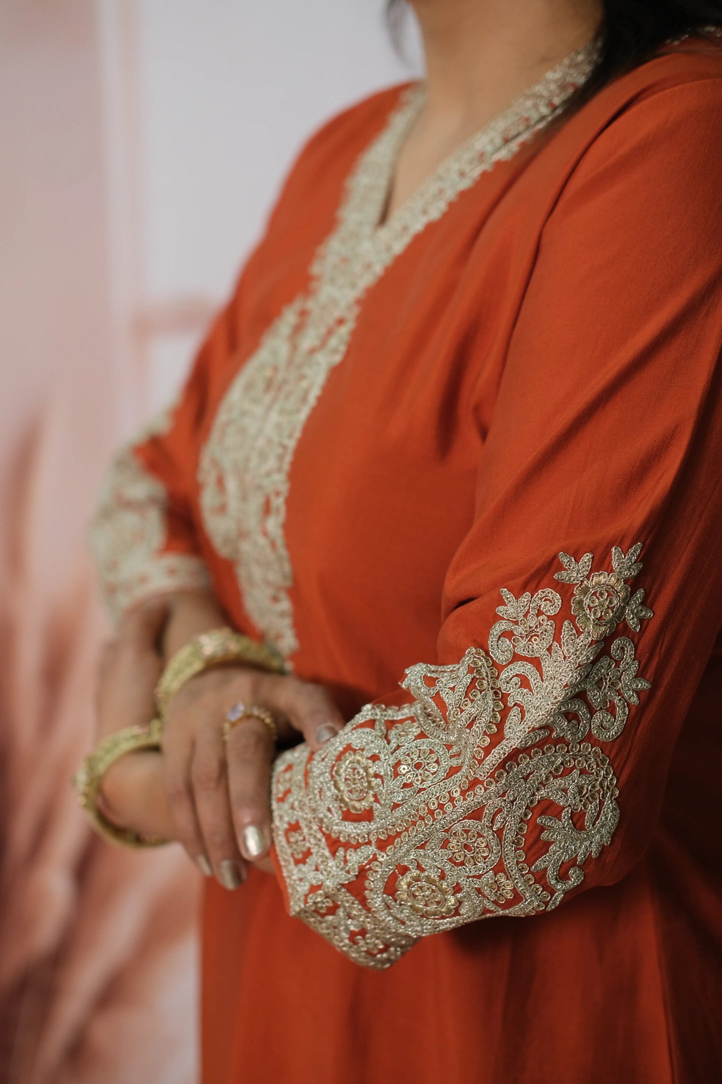 Burnt Orange Muslin Silk Co'ord Set with Sequin & Embroidery Work | Plazo Style Ethnic Wear