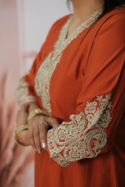 Burnt Orange Muslin Silk Co'ord Set with Sequin & Embroidery Work | Plazo Style Ethnic Wear