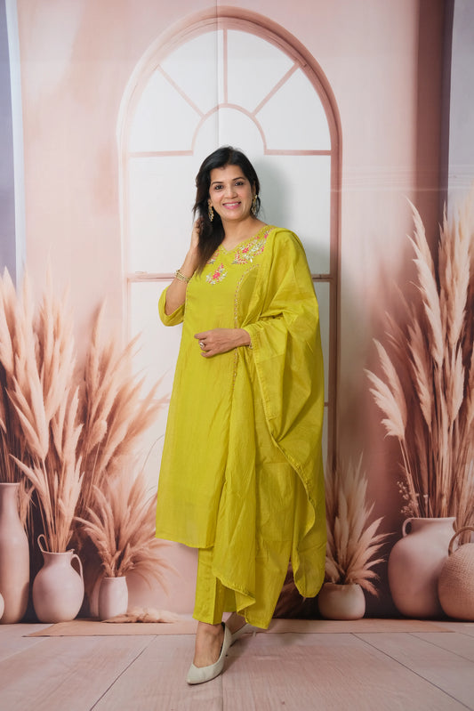 Sulphur Spring Mul Chanderi Kurta Dupatta Set with Pearl & Sequin Embroidery