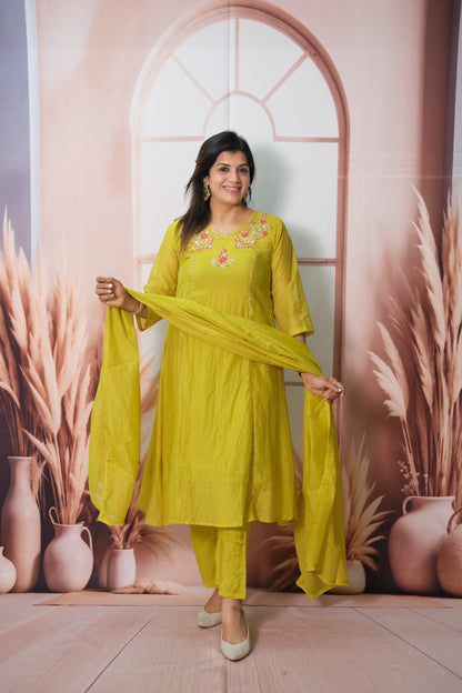 Sulphur Spring Mul Chanderi Kurta Dupatta Set with Pearl & Sequin Embroidery