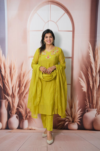 Sulphur Spring Mul Chanderi Kurta Dupatta Set with Pearl & Sequin Embroidery