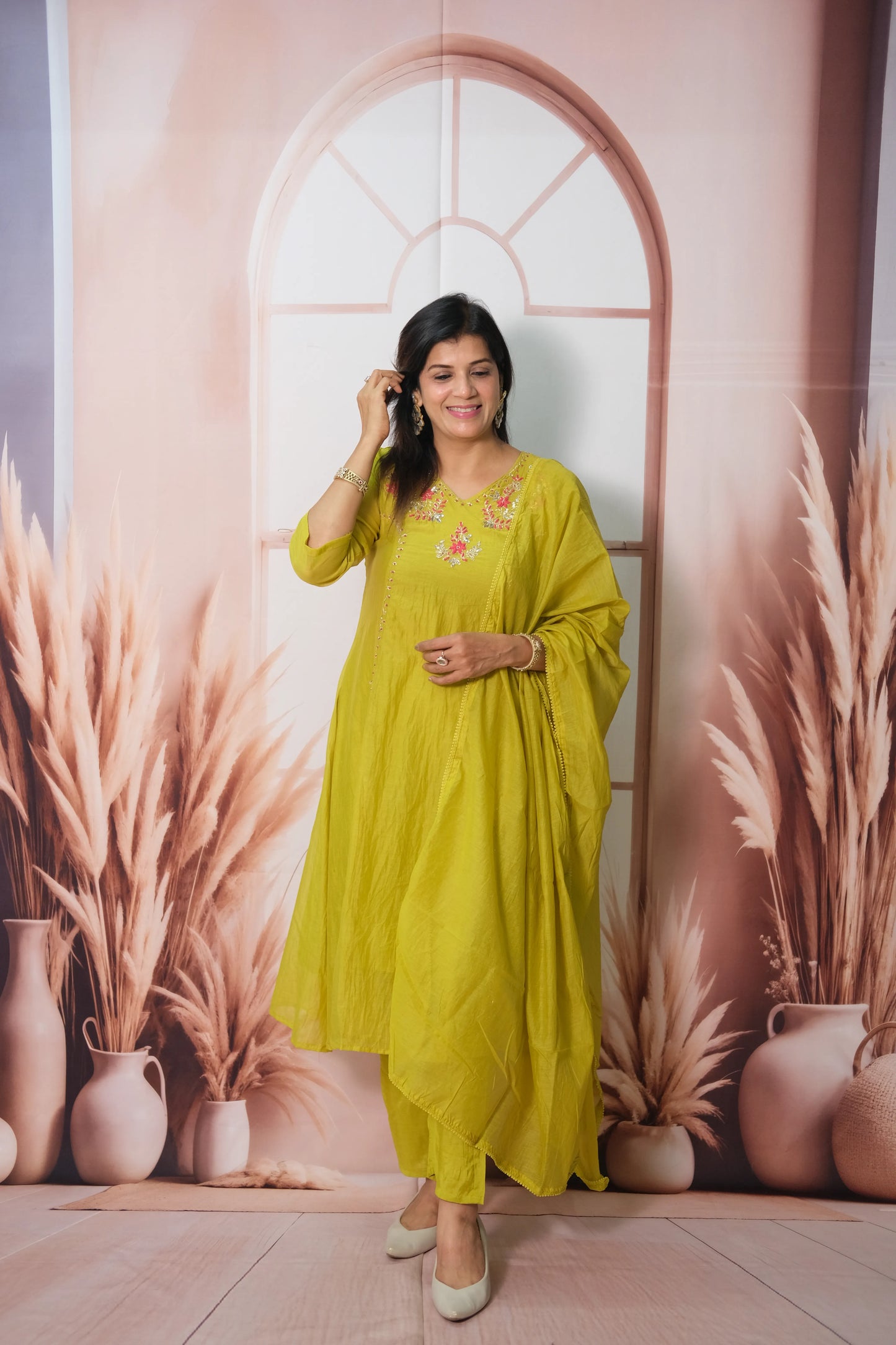 Sulphur Spring Mul Chanderi Kurta Dupatta Set with Pearl & Sequin Embroidery