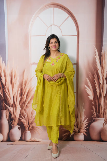Sulphur Spring Mul Chanderi Kurta Dupatta Set with Pearl & Sequin Embroidery