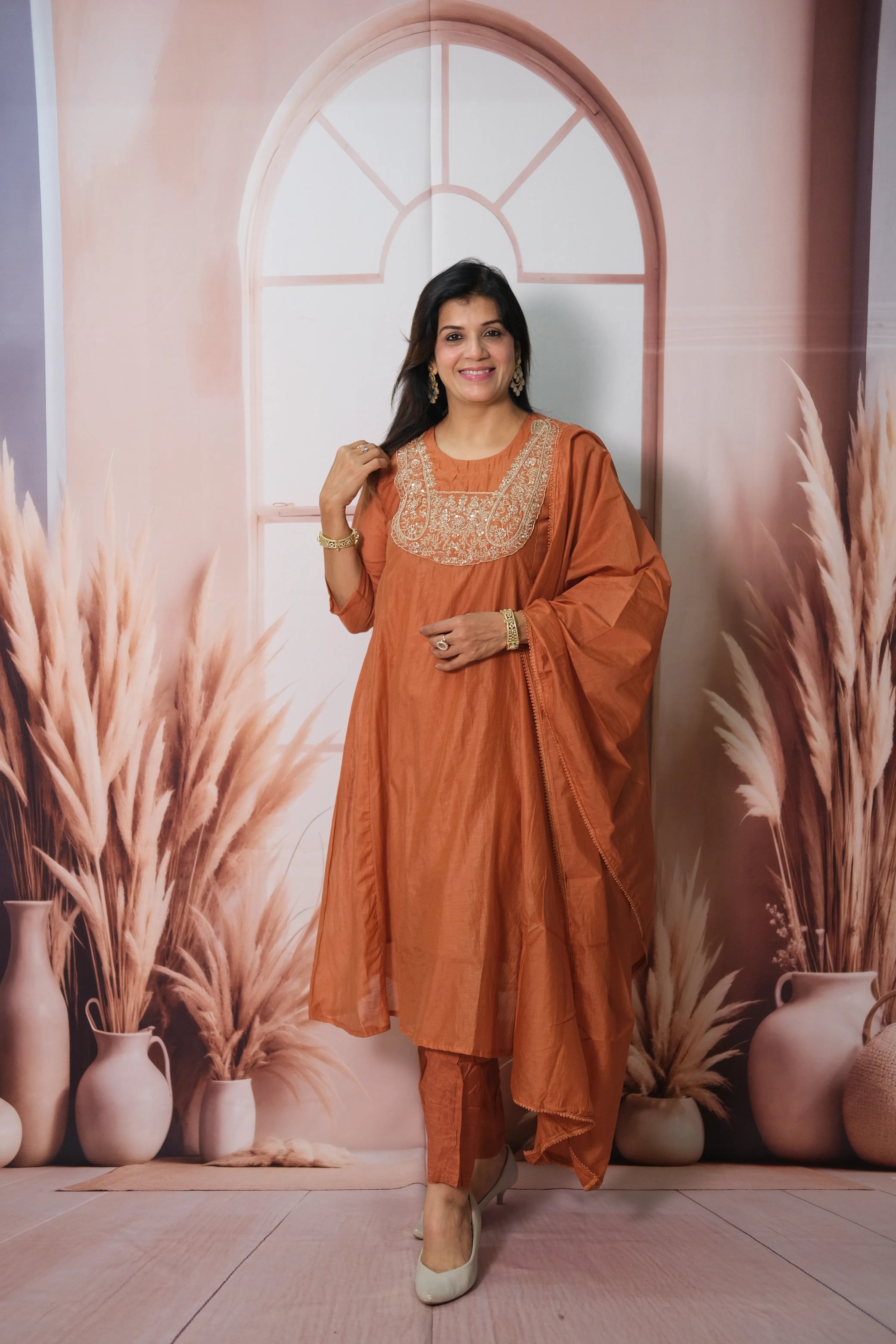 Dark Pumpkin Mul Chanderi Kurta Dupatta Set with Zardozi & Sequin Work