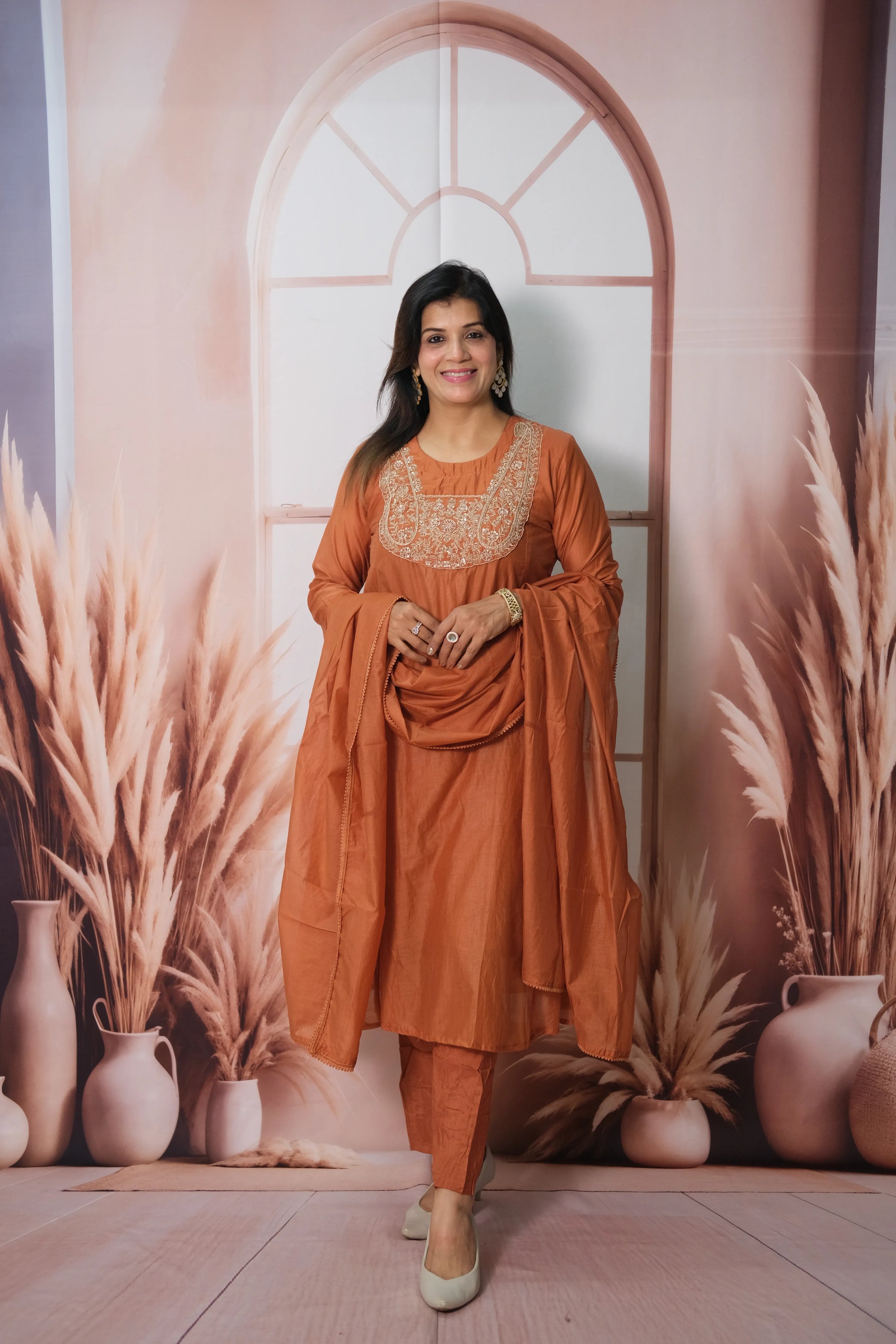 Dark Pumpkin Mul Chanderi Kurta Dupatta Set with Zardozi & Sequin Work