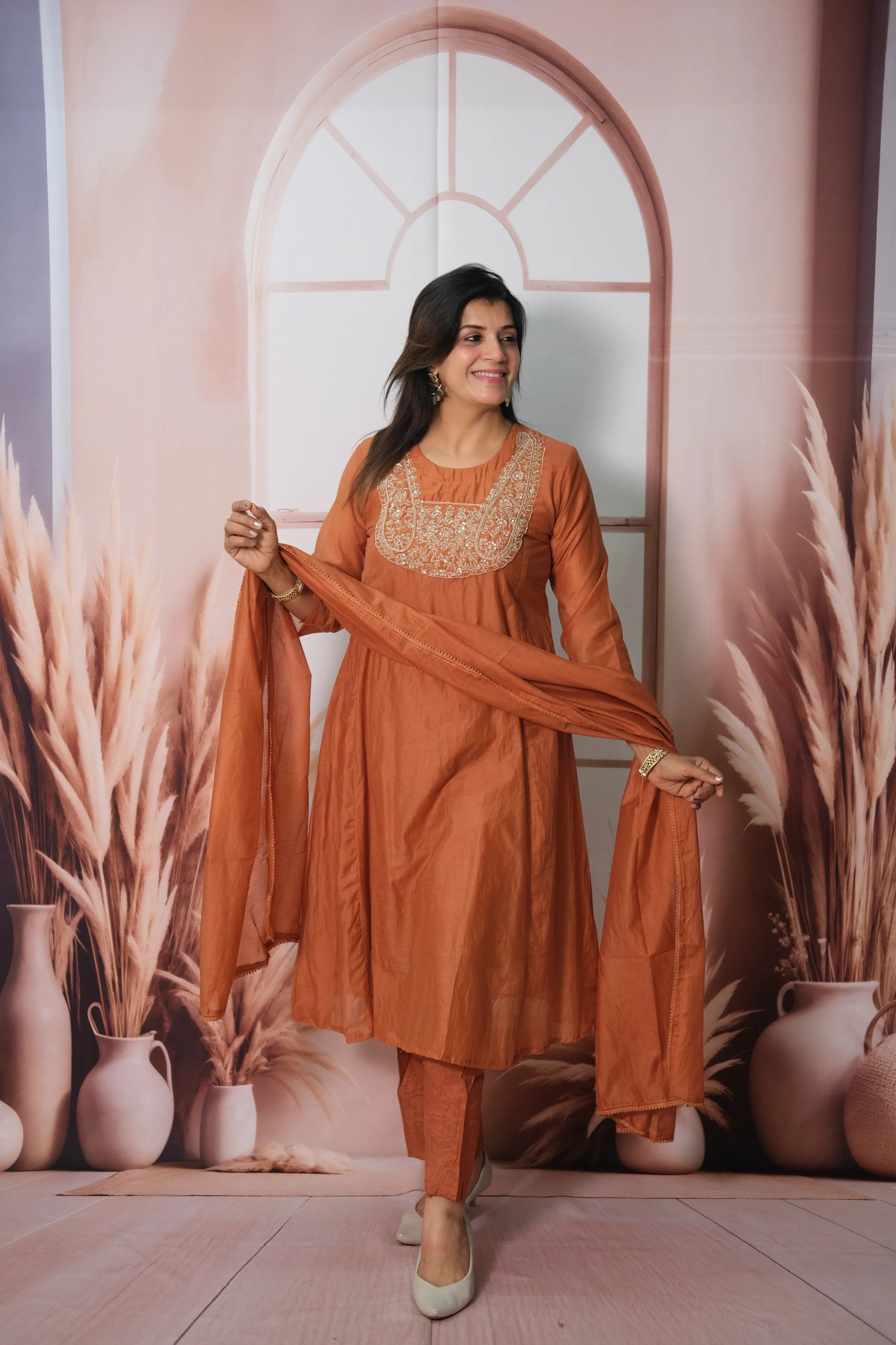 Dark Pumpkin Mul Chanderi Kurta Dupatta Set with Zardozi & Sequin Work