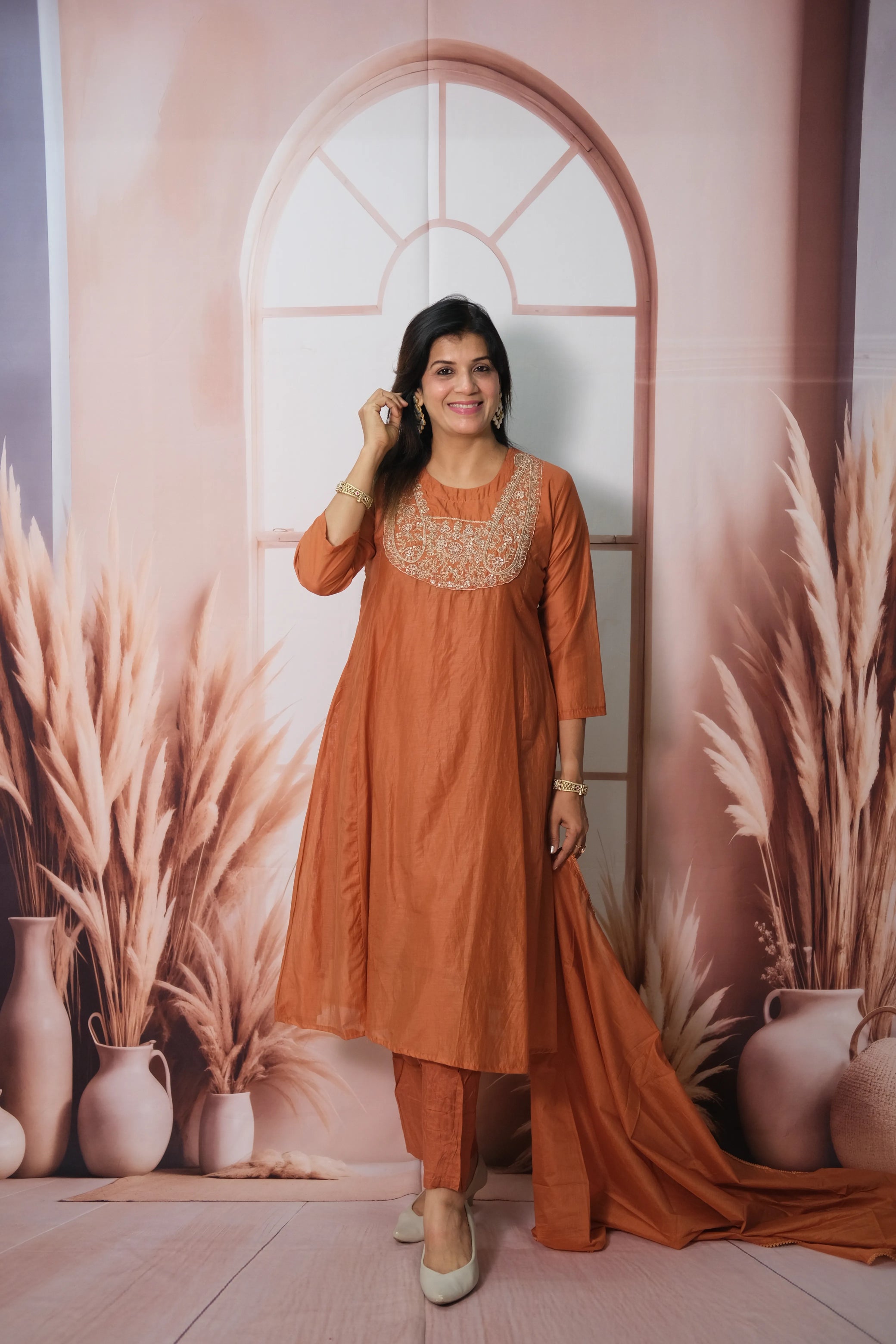 Dark Pumpkin Mul Chanderi Kurta Dupatta Set with Zardozi & Sequin Work