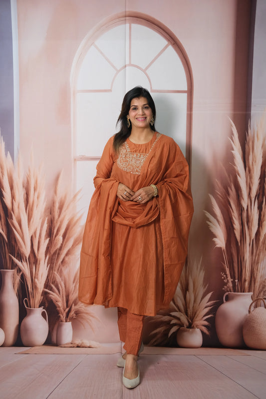 Dark Pumpkin Mul Chanderi Kurta Dupatta Set with Zardozi & Sequin Work