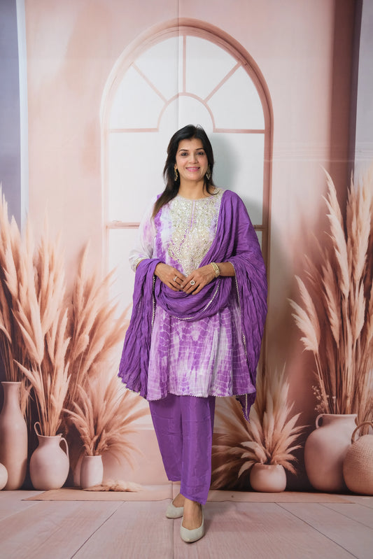 Purple Tie & Dye Mul Chanderi Knee-Length Kurta Dupatta Set
