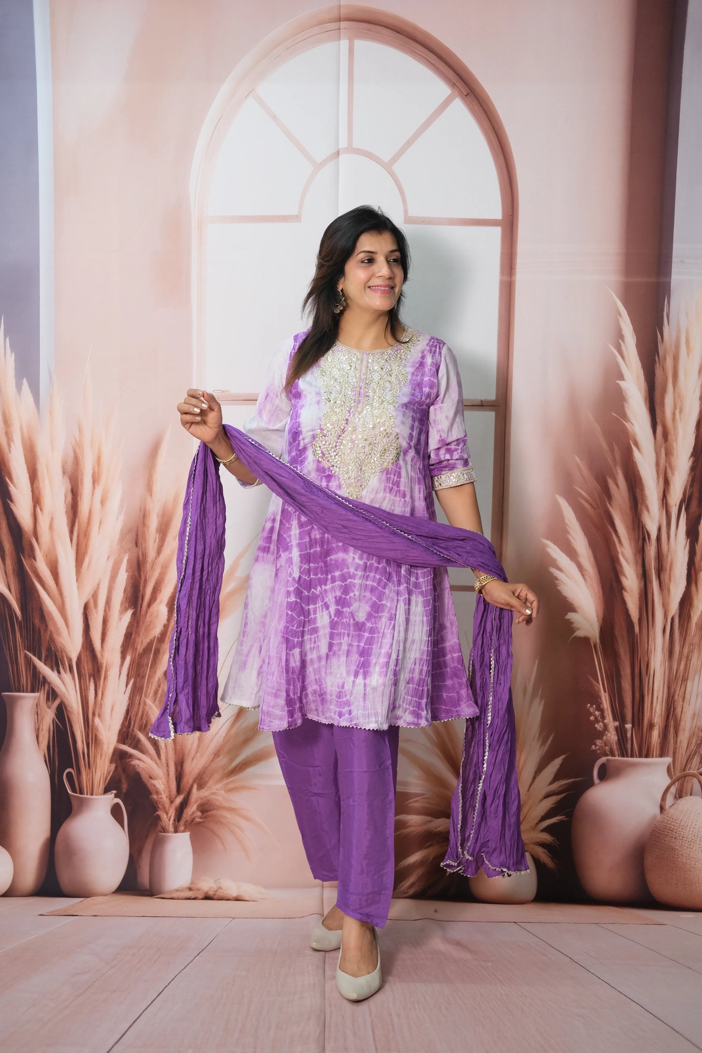 Purple Tie & Dye Mul Chanderi Knee-Length Kurta Dupatta Set