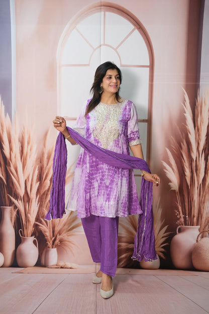Purple Tie & Dye Mul Chanderi Knee-Length Kurta Dupatta Set