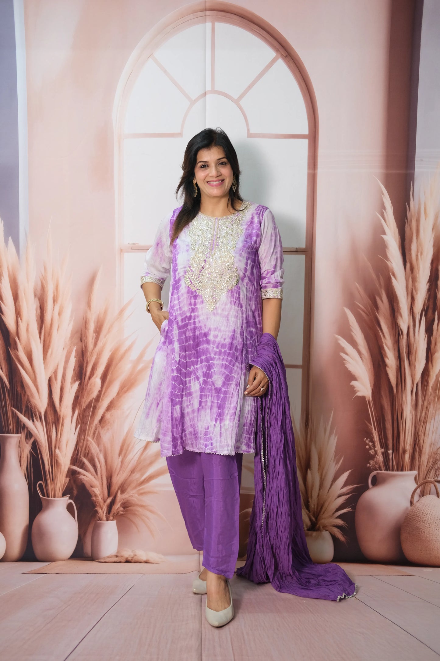 Purple Tie & Dye Mul Chanderi Knee-Length Kurta Dupatta Set