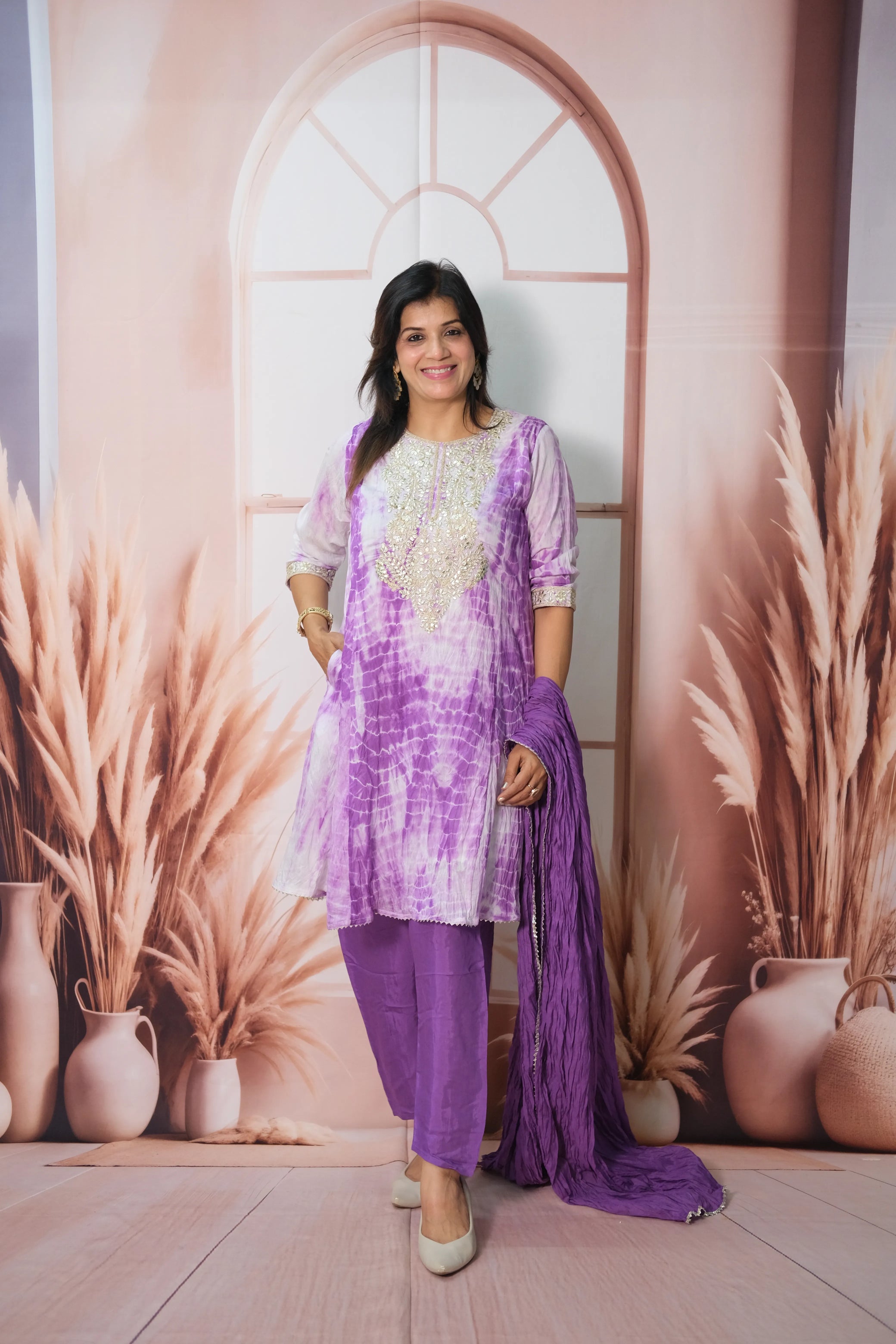 Purple Tie & Dye Mul Chanderi Knee-Length Kurta Dupatta Set