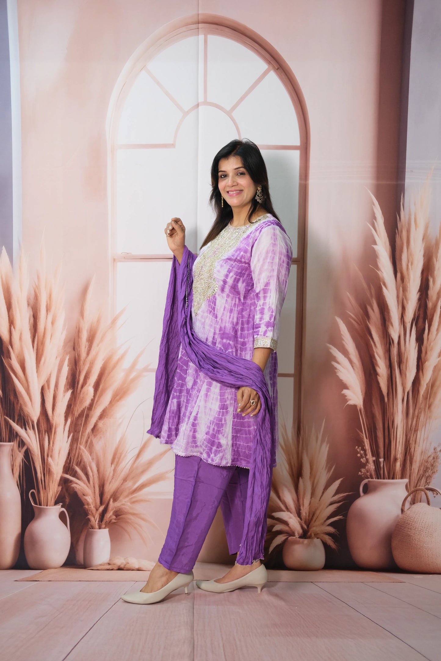 Purple Tie & Dye Mul Chanderi Knee-Length Kurta Dupatta Set