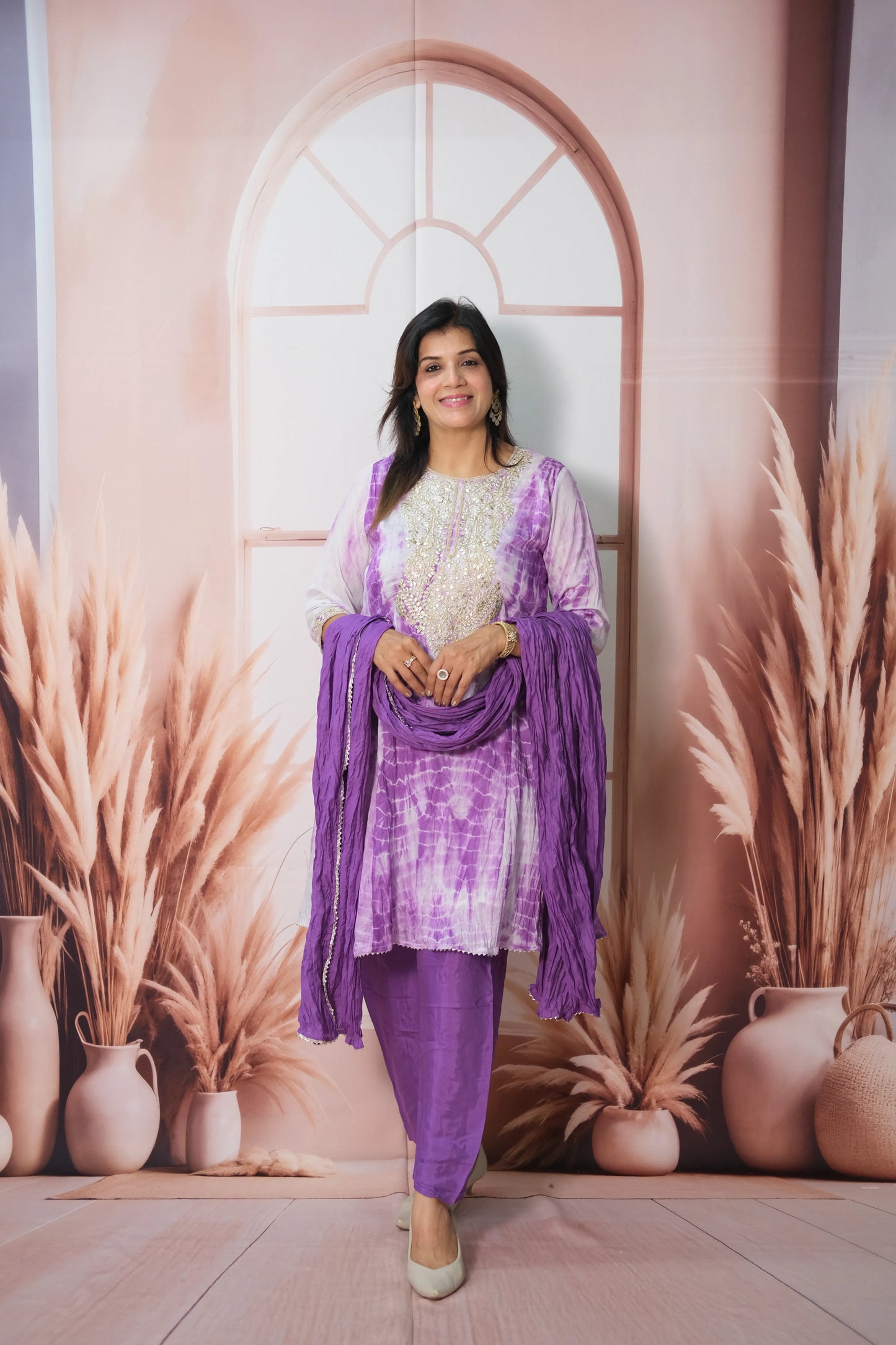 Purple Tie & Dye Mul Chanderi Knee-Length Kurta Dupatta Set
