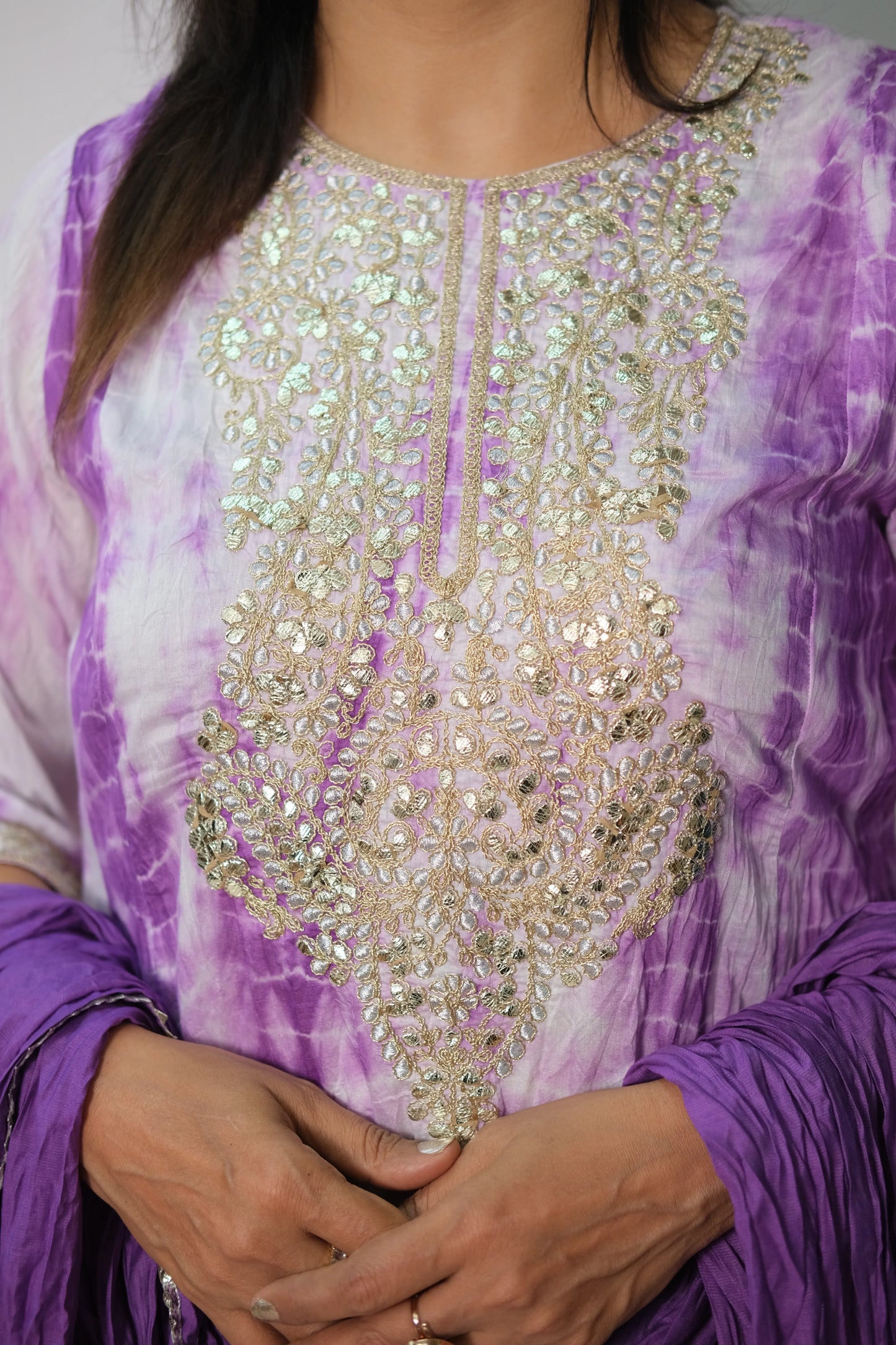 Purple Tie & Dye Mul Chanderi Knee-Length Kurta Dupatta Set
