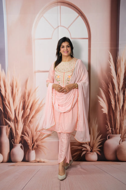 Light Pink Mul Chanderi Knee-Length Kurta Dupatta Set with Machine Embroidery