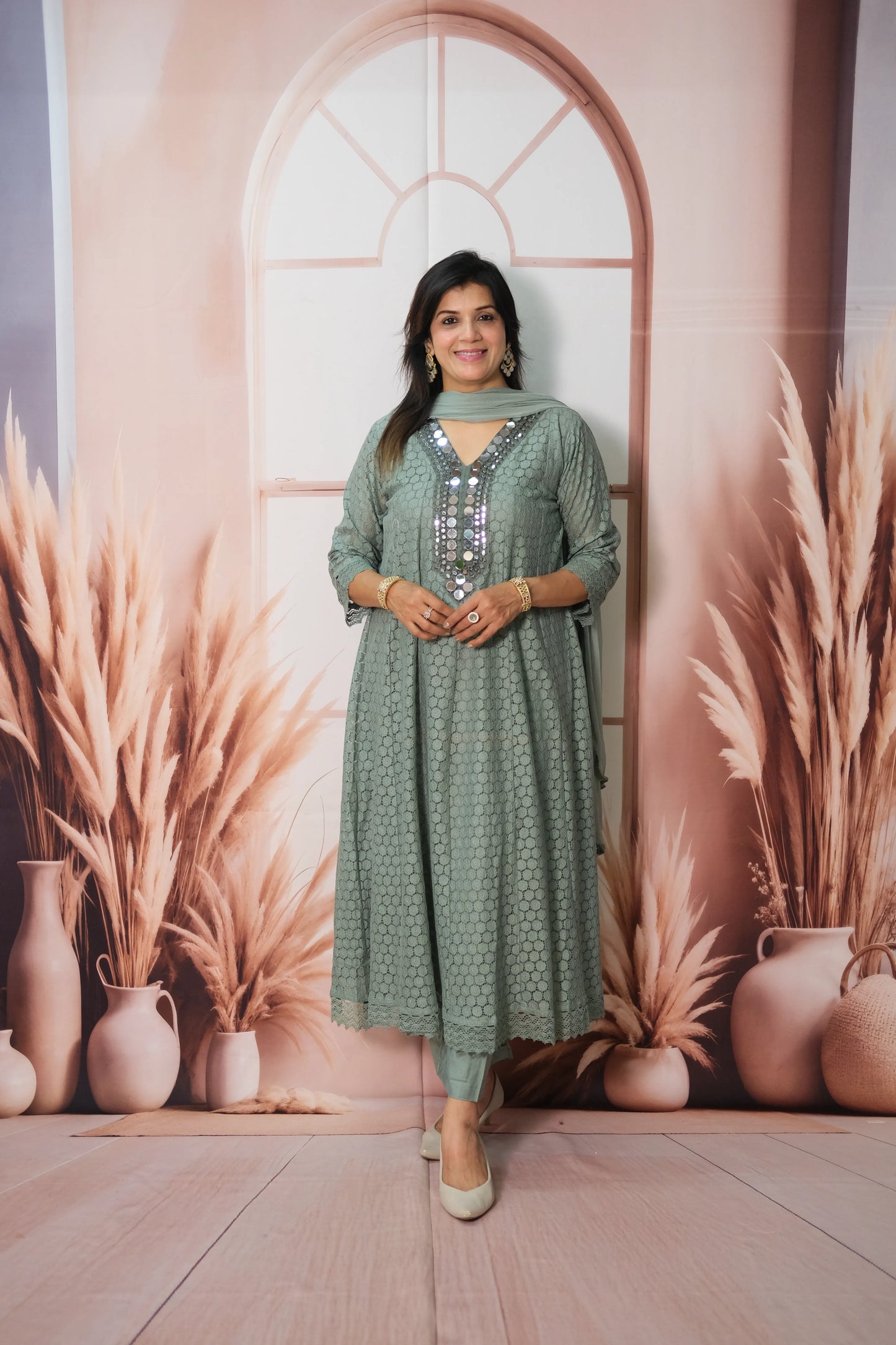 Greyish Turquoise Crosio A-Line Kurta Dupatta Set with Mirror Work