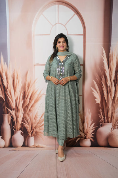 Greyish Turquoise Crosio A-Line Kurta Dupatta Set with Mirror Work