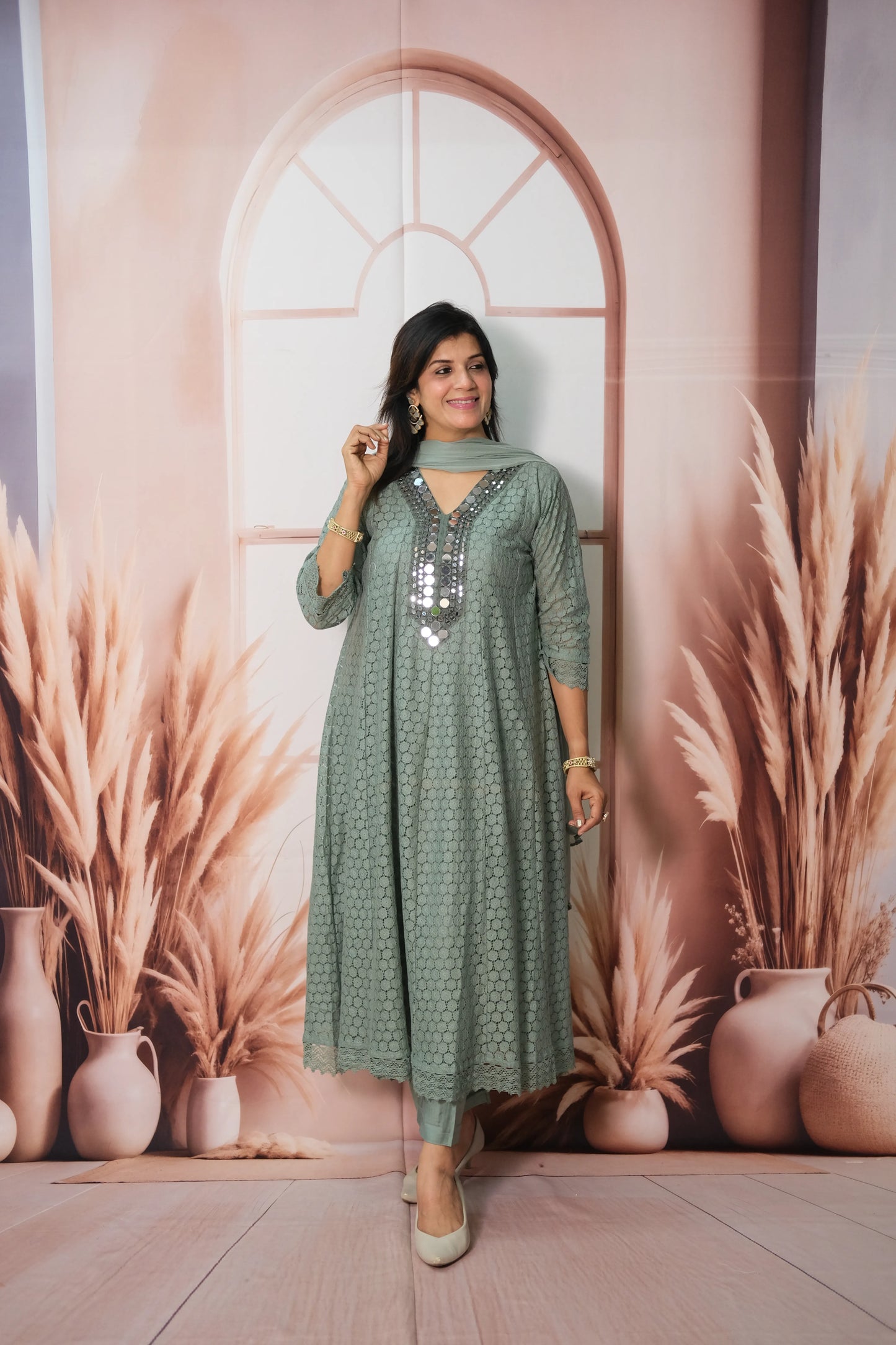 Greyish Turquoise Crosio A-Line Kurta Dupatta Set with Mirror Work