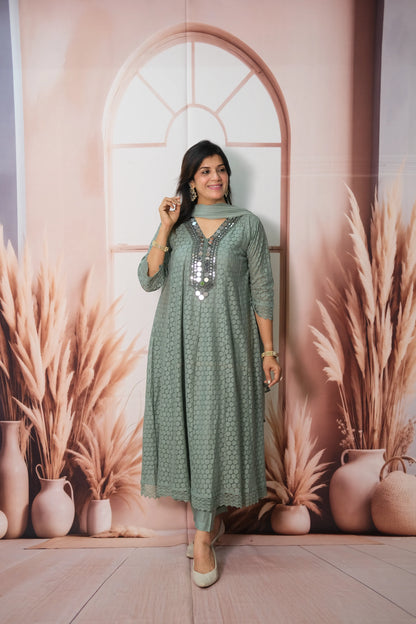 Greyish Turquoise Crosio A-Line Kurta Dupatta Set with Mirror Work