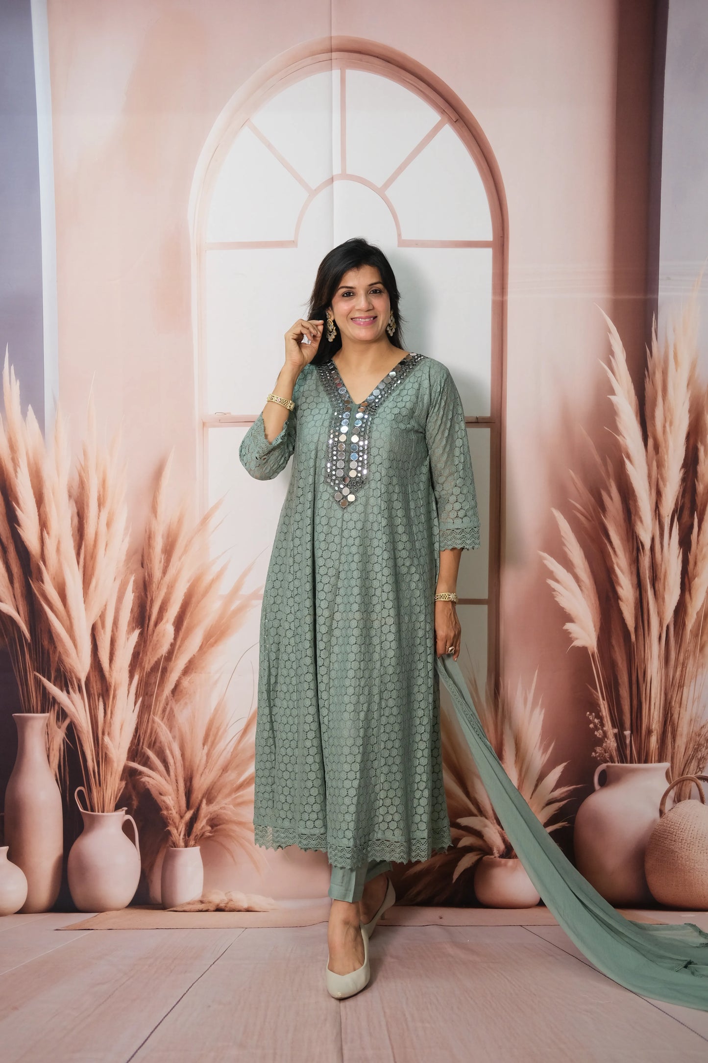 Greyish Turquoise Crosio A-Line Kurta Dupatta Set with Mirror Work