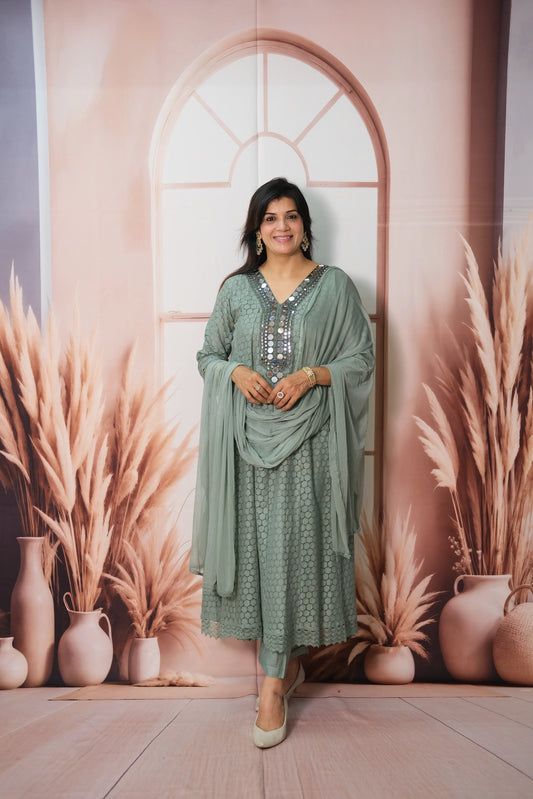 Greyish Turquoise Crosio A-Line Kurta Dupatta Set with Mirror Work