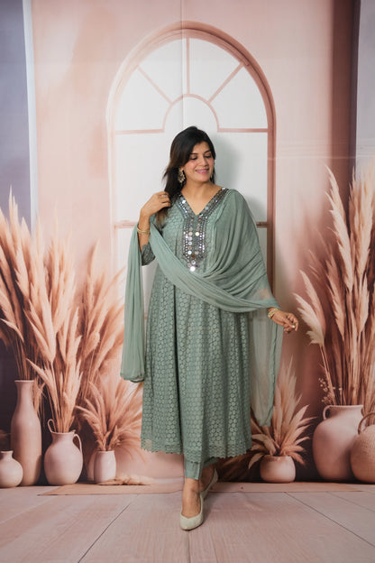 Greyish Turquoise Crosio A-Line Kurta Dupatta Set with Mirror Work