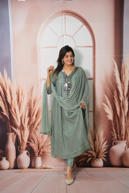 Greyish Turquoise Crosio A-Line Kurta Dupatta Set with Mirror Work