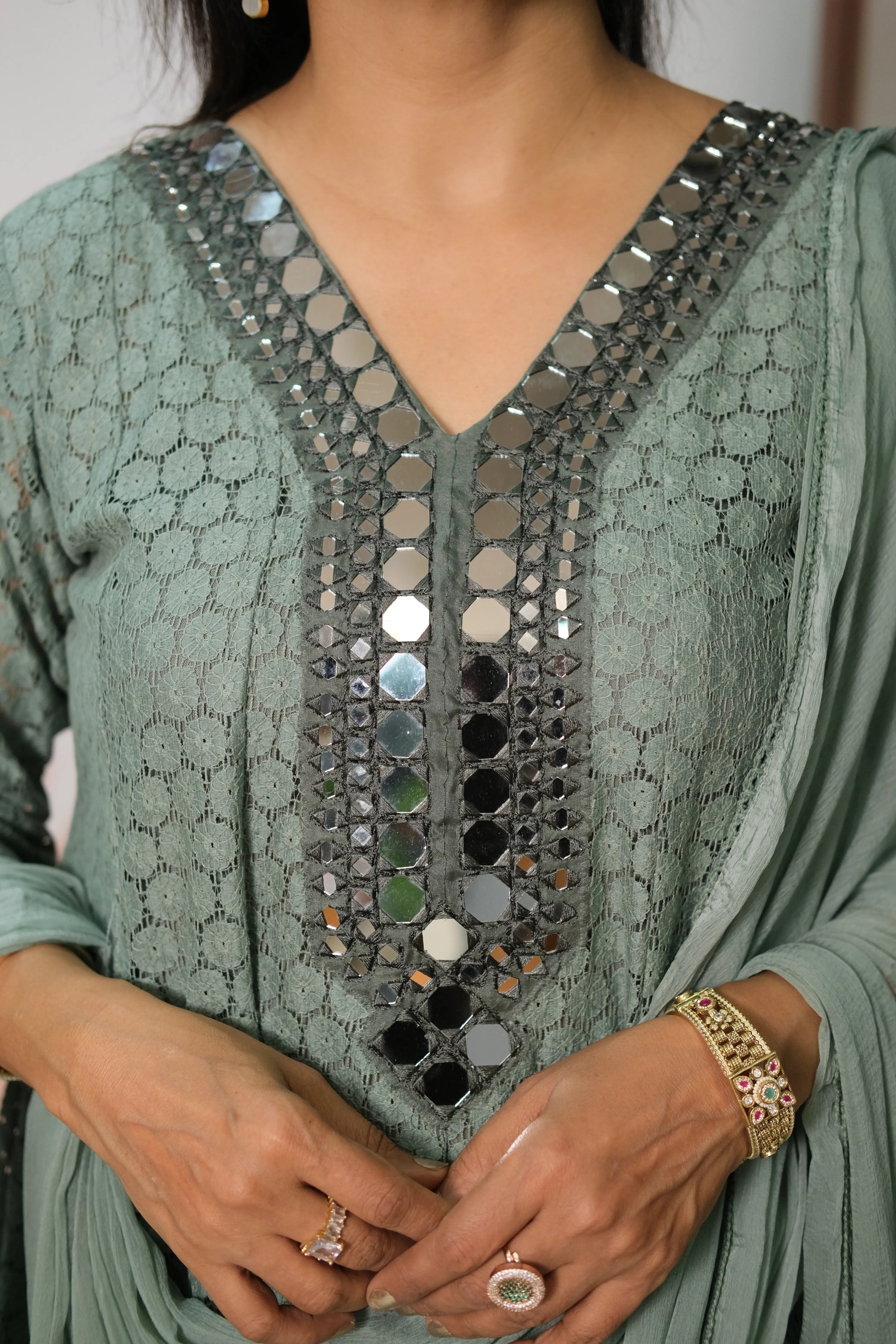 Greyish Turquoise Crosio A-Line Kurta Dupatta Set with Mirror Work