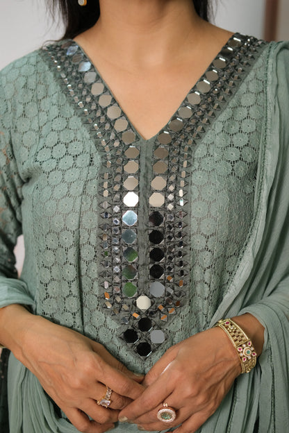 Greyish Turquoise Crosio A-Line Kurta Dupatta Set with Mirror Work