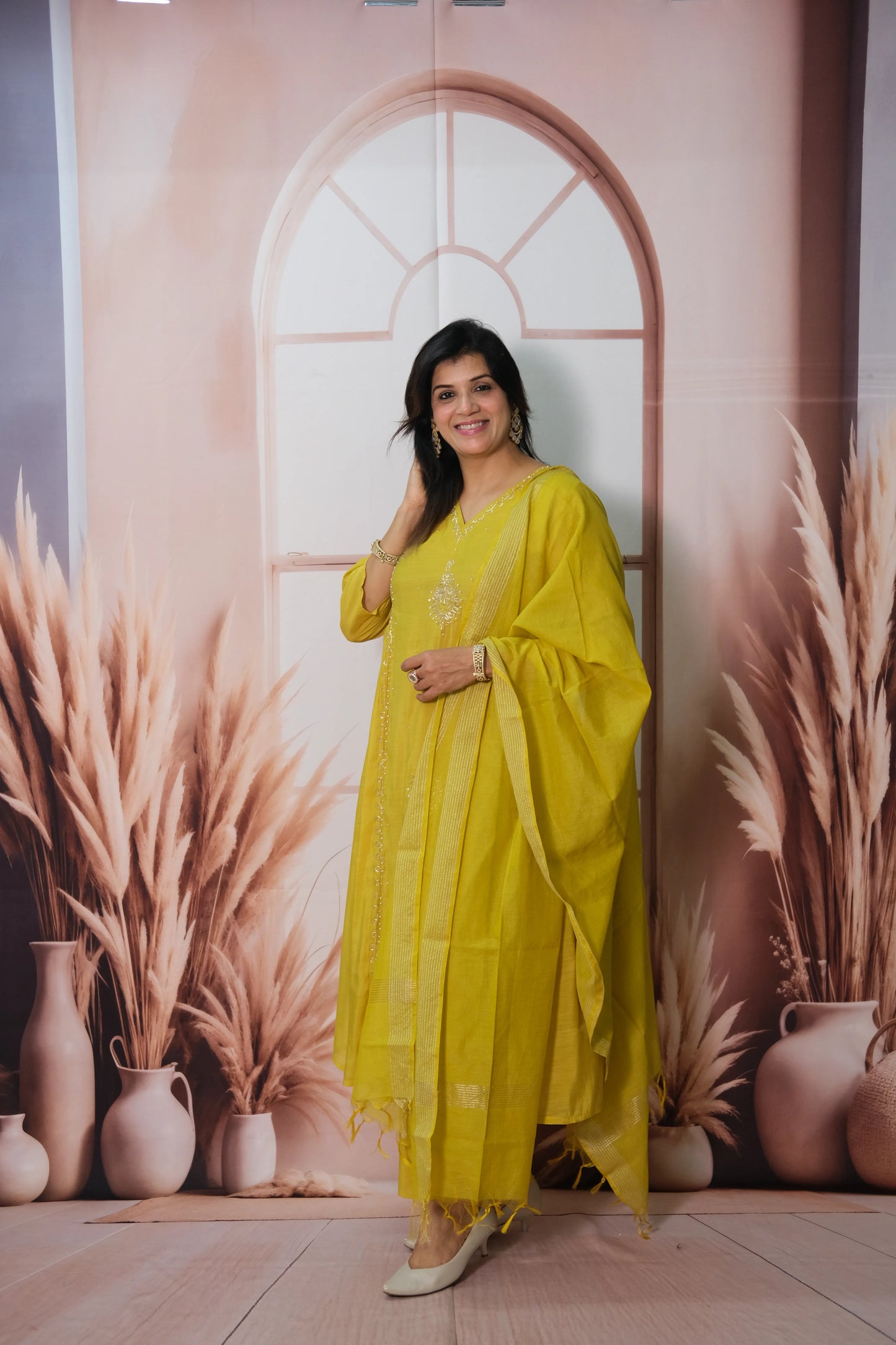 Munsell Yellow Mul Chanderi Anarkali Dupatta Set with Pearl Embroidery