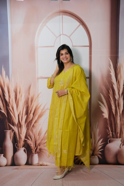Munsell Yellow Mul Chanderi Anarkali Dupatta Set with Pearl Embroidery