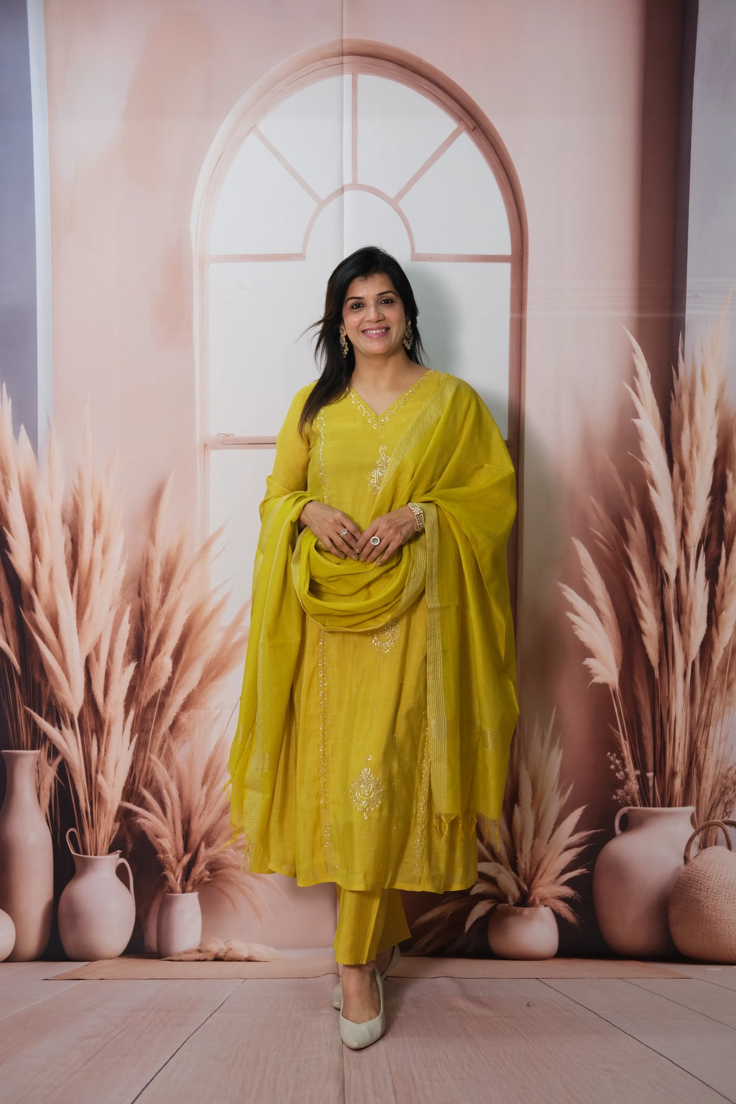 Munsell Yellow Mul Chanderi Anarkali Dupatta Set with Pearl Embroidery