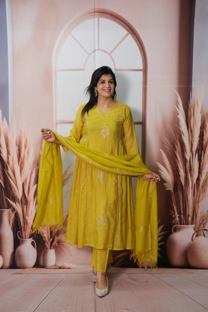 Munsell Yellow Mul Chanderi Anarkali Dupatta Set with Pearl Embroidery