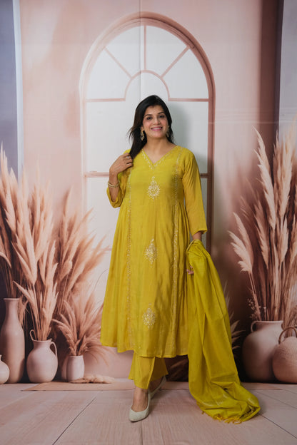 Munsell Yellow Mul Chanderi Anarkali Dupatta Set with Pearl Embroidery
