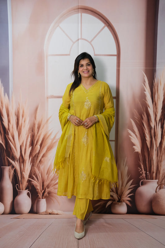 Munsell Yellow Mul Chanderi Anarkali Dupatta Set with Pearl Embroidery