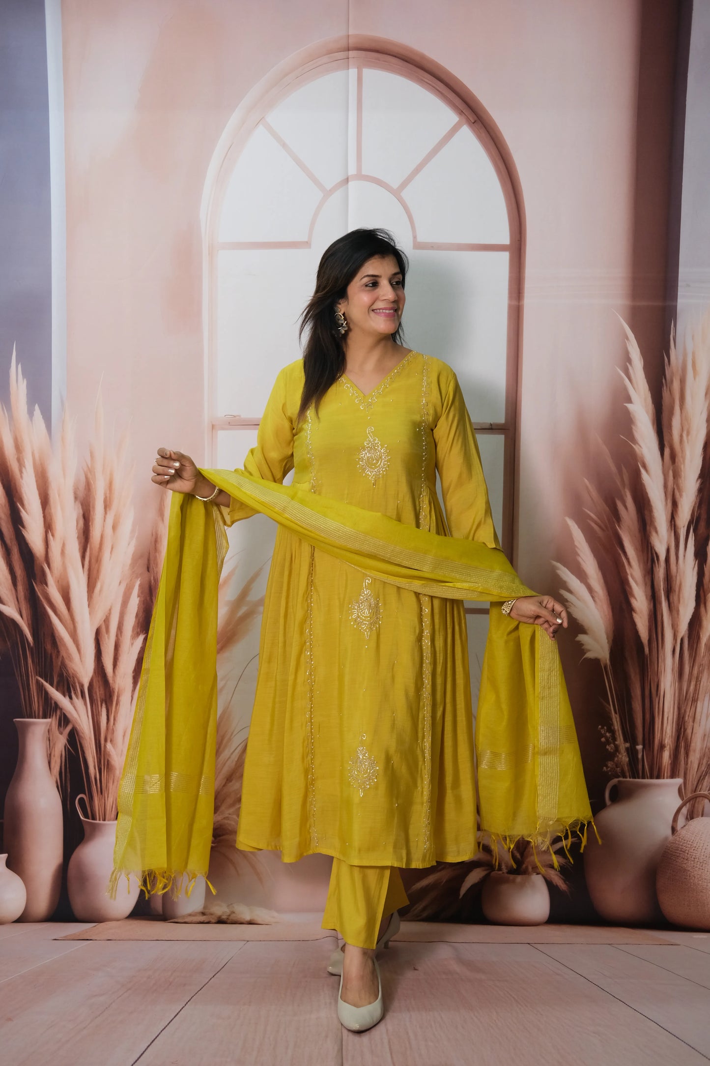 Munsell Yellow Mul Chanderi Anarkali Dupatta Set with Pearl Embroidery