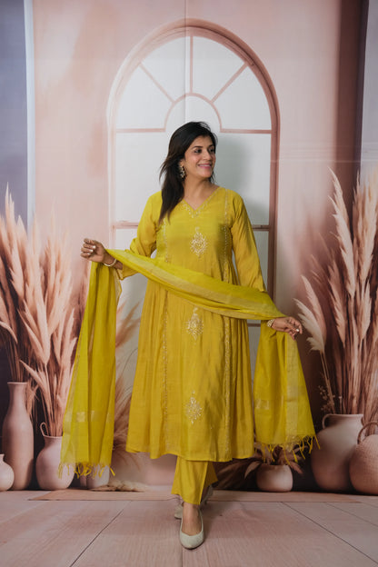 Munsell Yellow Mul Chanderi Anarkali Dupatta Set with Pearl Embroidery